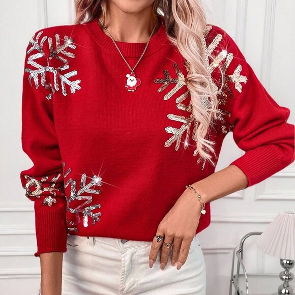 Red Casual Women's Round Neck Valentine's Day Patchwork Snowflake Sequin Sweater - Picture 4 of 7